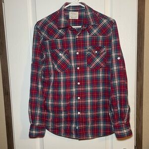 PD&C Mens Medium Red White Blue Plaid Button Shirt snap pockets flaps flannel